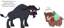 Size: 2670x1186 | Tagged: safe, artist:shadymeadow, character:yona, oc, oc:don haramu, species:buffalo, species:yak, african buffalo, bow, cloven hooves, duo, female, hair bow, male, oc villain, open mouth, simple background, transparent background