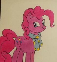 Size: 1563x1685 | Tagged: safe, artist:polar_storm, character:pinkie pie, species:earth pony, species:pony, blue eyes, clothing, colored sketch, faec, female, hearth's warming, markers, scarf, simple background, smirk, solo, traditional art, twiface, white background