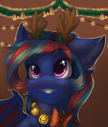 Size: 1456x1716 | Tagged: safe, artist:falafeljake, oc, oc only, oc:centreus feathers, species:dracony, species:dragon, species:pony, bell, bell collar, bow, collar, commission, cute, cute little fangs, fake antlers, fangs, female, holly, hybrid, jingle bells, mare, original species, smiling, solo