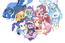 Size: 1872x1231 | Tagged: safe, artist:osawari64, artist:psaxophone, artist:yanamosuda, character:applejack, character:fluttershy, character:pinkie pie, character:princess celestia, character:princess luna, character:rainbow dash, character:rarity, character:twilight sparkle, species:alicorn, species:earth pony, species:pegasus, species:pony, species:unicorn, antlers, blushing, christmas, cloak, clothing, coat, collaboration, cute, female, hat, holiday, looking at you, mane six, mare, open mouth, reindeer antlers, royal sisters, santa hat, scarf, sitting, smiling
