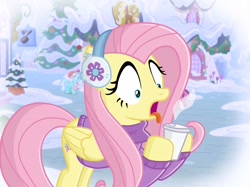 Size: 2732x2048 | Tagged: safe, artist:justsomepainter11, character:fluttershy, character:lyra heartstrings, episode:hearth's warming eve, g4, my little pony: friendship is magic, bottomless, burnt, chocolate, clothing, earmuffs, food, hot chocolate, partial nudity, ponyville, snow, sweater, sweatershy, tongue out