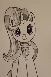 Size: 1434x2149 | Tagged: safe, artist:polar_storm, character:starlight glimmer, species:pony, species:unicorn, clothing, female, hearth's warming, mare, monochrome, neo noir, partial color, purple eyes, scarf, simple background, sketch, smiling, solo, traditional art, white background