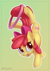 Size: 2826x4000 | Tagged: safe, artist:anti1mozg, character:apple bloom, species:earth pony, species:pony, adorabloom, cheek fluff, cute, ear fluff, female, filly, gradient background, high res, loop-de-hoop, on front legs, open mouth, solo, white outline