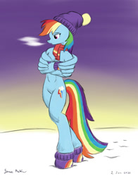 Size: 1024x1304 | Tagged: safe, artist:rockhoppr3, character:rainbow dash, species:pegasus, species:pony, barbie doll anatomy, beanie, beanie hat, boots, clothing, featureless crotch, female, hat, hug, scarf, self-hugging, semi-anthro, shoes, solo, winghug