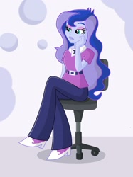 Size: 2048x2732 | Tagged: safe, artist:justsomepainter11, character:princess luna, character:vice principal luna, my little pony:equestria girls, beautiful, bored, chair, clothing, crossed legs, female, office chair, pants, simple background, sitting, solo, vice principal luna, woman
