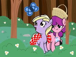 Size: 1024x768 | Tagged: safe, artist:dinkyuniverse, character:dinky hooves, character:lily longsocks, species:earth pony, species:pony, species:unicorn, basket, butterfly, calm, dinkily, female, filly, foal, forest, lesbian, peaceful, picnic, picnic basket, picnic blanket, shipping, strolling, trash bag, water bottle