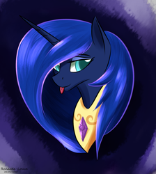 Size: 1147x1280 | Tagged: safe, artist:renarde-louve, character:princess luna, species:pony, accessory swap, alternate hairstyle, bust, gradient background, looking at you, peytral, tongue out