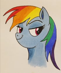 Size: 1709x2048 | Tagged: safe, artist:polar_storm, character:rainbow dash, species:pegasus, species:pony, bust, colored sketch, faec, female, mare, markers, simple background, smug, smugdash, solo, traditional art, white background