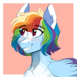 Size: 1200x1200 | Tagged: safe, artist:scarletskitty12, character:rainbow dash, species:pegasus, species:pony, alternate hairstyle, blaze (coat marking), bust, cheek fluff, chest fluff, coat markings, cute, dashabetes, ear fluff, eye clipping through hair, female, mare, markings, pale belly, portrait, short hair, short hair rainbow dash, smiling, solo