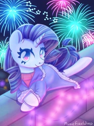Size: 1280x1720 | Tagged: safe, artist:wavecipher, character:rarity, species:pony, species:unicorn, clothing, coat, cute, ear fluff, female, fireworks, lights, looking at you, mare, new year, night, prone, raribetes, solo, sweater