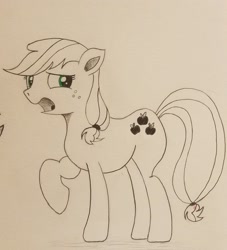 Size: 1976x2181 | Tagged: safe, artist:polar_storm, character:applejack, species:earth pony, species:pony, female, mare, monochrome, neo noir, partial color, simple background, sketch, solo, traditional art, white background, worried