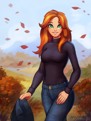 Size: 900x1200 | Tagged: safe, artist:asimos, character:sunset shimmer, species:human, g4, autumn, clothing, cute, female, humanized, jeans, leaf, leaves, pants, shimmerbetes, smiling, solo, sweater, turtleneck