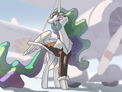 Size: 2224x1668 | Tagged: safe, artist:nadnerbd, character:princess celestia, species:alicorn, species:pony, aviator goggles, biplane, bomber jacket, clothing, cutie mark on vehicle, female, floppy ears, goggles, jacket, mare, pilot, plane, solo