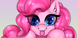 Size: 3000x1457 | Tagged: safe, artist:yutakira92, character:pinkie pie, species:earth pony, species:pony, big eyes, blep, bust, cute, diapinkes, ear fluff, eye clipping through hair, female, gradient background, heart eyes, looking at you, lurking, portrait, smiling, solo, tongue out, wingding eyes