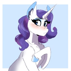 Size: 1200x1200 | Tagged: safe, artist:scarletskitty12, character:rarity, species:pony, species:unicorn, abstract background, blushing, cheek fluff, chest fluff, colored hooves, cute, ear fluff, female, leg fluff, mare, raribetes, solo
