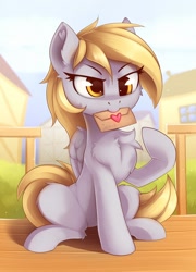 Size: 1368x1900 | Tagged: safe, artist:anti1mozg, character:derpy hooves, species:pegasus, species:pony, g4, cheek fluff, chest fluff, cute, derpabetes, ear fluff, envelope, female, leg fluff, letter, love letter, mare, mouth hold, sitting, solo