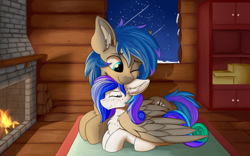 Size: 1920x1200 | Tagged: safe, artist:lunar froxy, oc, oc only, oc:laconic nocturne, oc:spectral bolt, species:pegasus, species:pony, body freckles, chest fluff, chest freckles, ear fluff, eye clipping through hair, eyes closed, female, fireplace, freckles, hug, male, mare, oc x oc, shipping, snow, stallion, window, winghug, winter