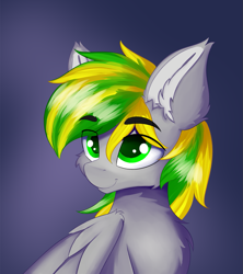 Size: 1067x1200 | Tagged: safe, artist:lunar froxy, oc, oc only, oc:silver blaze, species:pegasus, species:pony, bust, cheek fluff, chest fluff, ear fluff, eye clipping through hair, looking up, male, portrait, simple background, stallion
