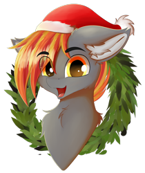 Size: 1008x1200 | Tagged: safe, artist:lunar froxy, oc, oc only, oc:drax, species:pony, bust, christmas, clothing, eye clipping through hair, hat, holiday, looking at you, male, portrait, santa hat, simple background, smiling, solo, stallion, transparent background, wreath
