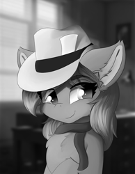 Size: 933x1200 | Tagged: safe, alternate version, artist:lunar froxy, oc, oc only, oc:blue violet, species:pony, black and white, clothing, detective, eye clipping through hair, female, grayscale, hat, mare, monochrome, noir, smiling, smirk