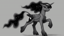 Size: 1280x720 | Tagged: safe, artist:equum_amici, artist:php117, character:princess luna, species:alicorn, species:pony, animated, cinemagraph, cloven hooves, collaboration, ear fluff, ethereal mane, female, freckles, galaxy mane, gray background, grayscale, leonine tail, mare, monochrome, no sound, raised hoof, raised leg, realistic horse legs, simple background, solo, unshorn fetlocks, webm
