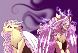 Size: 2500x1694 | Tagged: safe, artist:gigason, oc, oc:freya, parent:discord, parent:fluttershy, parents:discoshy, species:draconequus, angry, duality, high res, hybrid, interspecies offspring, magic, next generation, offspring, solo