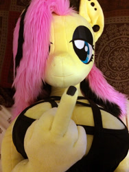 Size: 1224x1632 | Tagged: safe, artist:qtpony, character:fluttershy, species:anthro, anthro plushie, breasts, clothing, dress, ear piercing, eyeshadow, female, fluttergoth, goth, irl, makeup, middle finger, photo, piercing, plushie, solo, vulgar