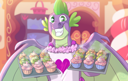 Size: 4700x3000 | Tagged: safe, artist:glitterstar2000, character:spike, species:dragon, apron, clothing, cupcake, food, heart, male, naked apron, older, older spike, smiling, solo, sugarcube corner, tray, winged spike