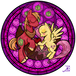 Size: 1600x1600 | Tagged: safe, artist:akili-amethyst, character:big mcintosh, character:fluttershy, species:pony, ship:fluttermac, apple, blushing, butterfly, dive to the heart, eyes closed, female, food, half apple, heart, heart shaped, kingdom hearts, male, shipping, simple background, stained glass, straight, sweet apple acres, transparent background