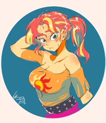 Size: 2000x2328 | Tagged: safe, artist:sozglitch, character:sunset shimmer, my little pony:equestria girls, alternate hairstyle, big breasts, blushing, breasts, busty sunset shimmer, cleavage, female, looking at you, ponytail, solo
