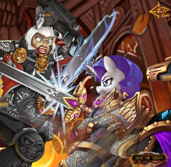Size: 1280x1244 | Tagged: safe, artist:eztp, character:rarity, species:human, species:pony, species:unicorn, fanfic:iron hearts, adepta sororitas, alternate universe, armor, bolter, chaos, combat, commission, crossover, duo, fanfic, fanfic art, fanfic cover, female, gun, iron warriors, magic, mare, power armor, power sword, sword, sword fight, sword rara, telekinesis, this will end in pain, warhammer (game), warhammer 40k, weapon, woman