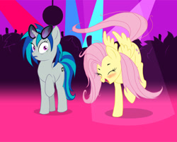 Size: 1437x1155 | Tagged: safe, artist:zigword, character:dj pon-3, character:fluttershy, character:vinyl scratch, species:pegasus, species:pony, species:unicorn, blushing, club, drunk, drunkershy, glasses, nightclub, party, shocked, shocked expression