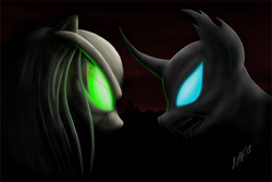 Size: 1418x946 | Tagged: safe, artist:zigword, species:changeling, alien, angry, facing each other, teeth