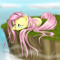Size: 978x978 | Tagged: safe, artist:zigword, character:fluttershy, species:pegasus, species:pony, cliff, depressed, female, looking away, mare, outdoors, prone, sad, solo, stray strand, wavy hair