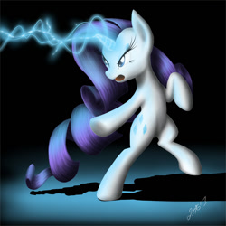 Size: 978x978 | Tagged: safe, artist:zigword, character:rarity, species:pony, species:unicorn, angry, bipedal, female, glowing horn, horn, lightning magic, magic, solo