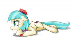 Size: 1852x1111 | Tagged: safe, artist:zigword, character:coco pommel, species:earth pony, species:pony, female, floppy ears, mare, prone, sad, simple background, sketch, solo, white background