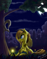 Size: 978x1222 | Tagged: safe, artist:zigword, oc, oc only, species:pegasus, species:pony, firefly, forest, hairband, insect, night, raised hoof, sitting, solo, squirrel, tree