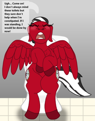 Size: 1010x1280 | Tagged: safe, artist:lynnthenerdkitty, oc, oc only, oc:shatter misty cloud, species:pegasus, species:pony, blushing, both cutie marks, but why, constipated, eyes closed, implied pooping, open mouth, ponified, shatter (transformers), solo, toilet, transformers