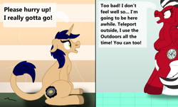 Size: 1280x771 | Tagged: safe, artist:lynnthenerdkitty, oc, oc only, oc:delta, oc:shatter misty cloud, species:pegasus, species:pony, species:unicorn, but why, desperation, implied pooping, need to pee, omorashi, ponified, potty emergency, potty time, shatter (transformers), toilet, transformers