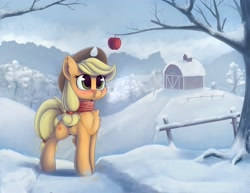 Size: 3000x2310 | Tagged: safe, artist:anti1mozg, character:applejack, species:earth pony, species:pony, apple, blushing, chest fluff, clothing, cute, ear fluff, female, food, high res, jackabetes, leg fluff, mare, scarf, snow, solo, sweet apple acres, winter