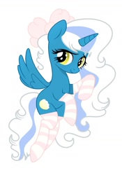 Size: 1024x1464 | Tagged: safe, artist:riofluttershy, oc, oc:fleurbelle, species:alicorn, species:pony, adorabelle, adorable face, alicorn oc, bow, clothing, cute, female, flying, hair bow, looking back, mare, simple background, smiling, smiling at you, socks, striped socks, wavy mane, wavy tail, yellow background