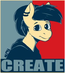 Size: 1070x1200 | Tagged: safe, artist:almond evergrow, oc, oc:almond evergrow, species:earth pony, species:pony, beanie, clothing, ear piercing, hat, hoodie, looking at camera, looking at you, male, parody, piercing, poster, propaganda, propaganda parody, propaganda poster, propaganda posters, stallion