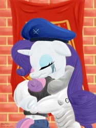 Size: 1024x1366 | Tagged: safe, artist:rockhoppr3, character:rarity, character:sweetie belle, species:pony, species:unicorn, alternate universe, armor, beret, clothing, crossover, crying, flag, hat, hug, semi-anthro, x-com, xcom 2