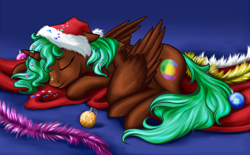 Size: 1426x882 | Tagged: safe, artist:28gooddays, oc, oc only, oc:equie, species:alicorn, species:pony, alicorn oc, christmas, clothing, decoration, garland, hat, holiday, ornaments, santa hat, sleeping, solo