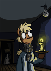 Size: 790x1100 | Tagged: safe, artist:28gooddays, species:pony, bags under eyes, candle, clothing, horror, knock-knock, light bulb, monster, pajamas, ponified, scarf, solo, the lodger