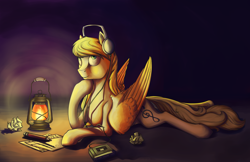 Size: 1496x970 | Tagged: safe, artist:28gooddays, oc, oc only, oc:crazy ditty, species:pegasus, species:pony, cassette player, crumpled, headphones, lantern, paper, solo