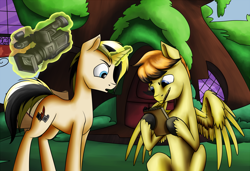Size: 1300x889 | Tagged: safe, artist:28gooddays, oc, oc only, oc:desable, species:pegasus, species:pony, species:unicorn, camera, golden oaks library, magic, mouth hold, notebook, pencil, script, telekinesis