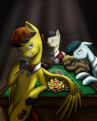 Size: 1200x1490 | Tagged: safe, artist:28gooddays, oc, oc only, oc:desable, species:earth pony, species:pegasus, species:pony, bow tie, casino, chips, food