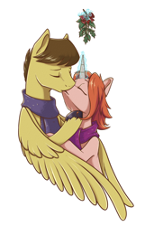 Size: 644x1000 | Tagged: safe, artist:28gooddays, oc, oc only, oc:desable, species:pegasus, species:pony, species:unicorn, christmas, clothing, couple, holiday, holly, holly mistaken for mistletoe, kissing, mistletoe, scarf