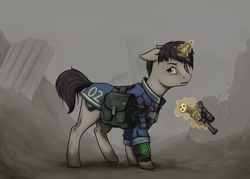 Size: 1159x830 | Tagged: safe, artist:28gooddays, oc, oc only, oc:littlepip, species:pony, species:unicorn, fallout equestria, alternate design, bag, clothing, fallout, fanfic, fanfic art, female, floppy ears, glowing horn, gun, handgun, headcanon, hooves, horn, levitation, little macintosh, looking at you, magic, mare, optical sight, pipbuck, revolver, ruins, saddle bag, scope, solo, standing, telekinesis, vault suit, weapon
